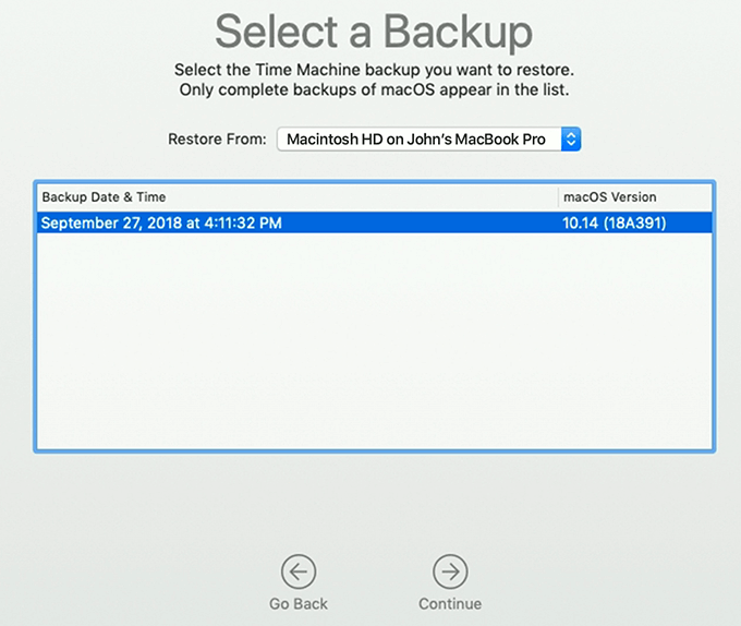 Select a Backup window 