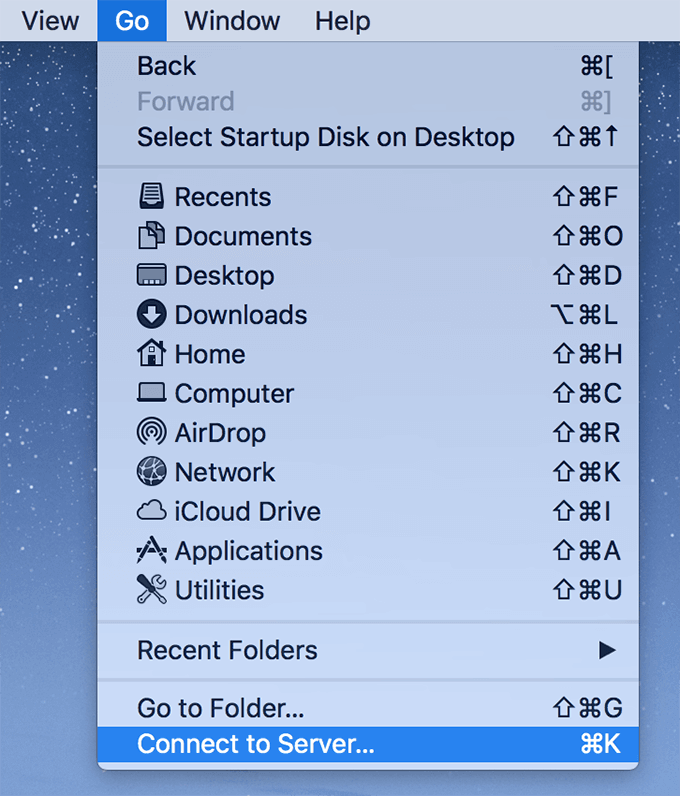 Go -> Connect to Server menu