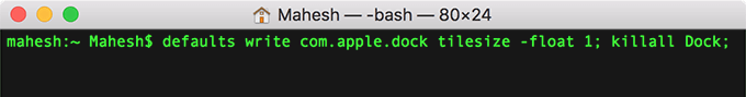 Terminal window with command: defaults write com.apple.dock tilesize -float 1;
killall Dock;