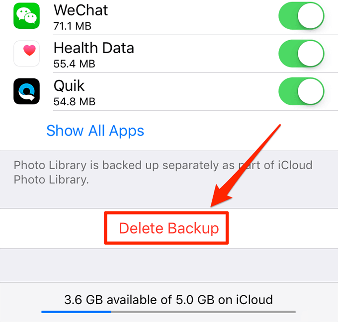 Delete Backup button in iCloud account