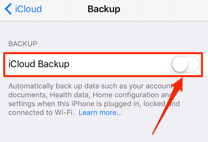 iCloud Backup toggle bar in Backup window