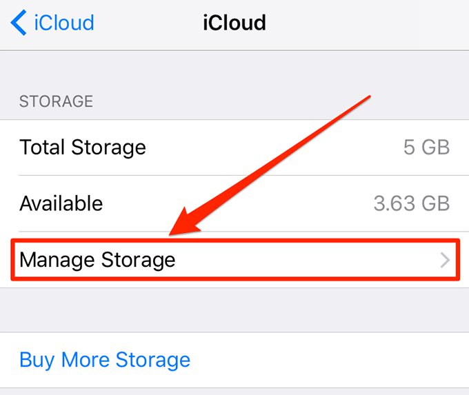 Manage Storage tab in iCloud