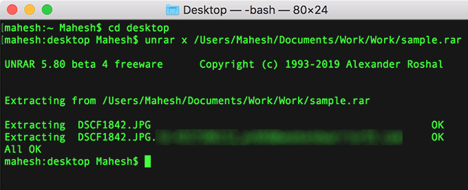 Terminal window with command: cd desktop
unrar x sample.rar