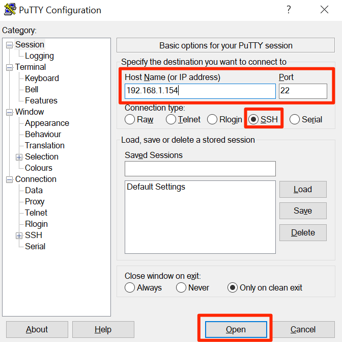 Host Name Screen and Open button highlighted in PuTTy Configuration window