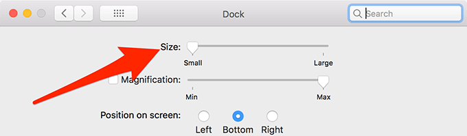 Dock settings Size slider