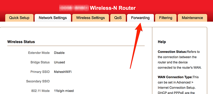 Forwarding tab in wireless router