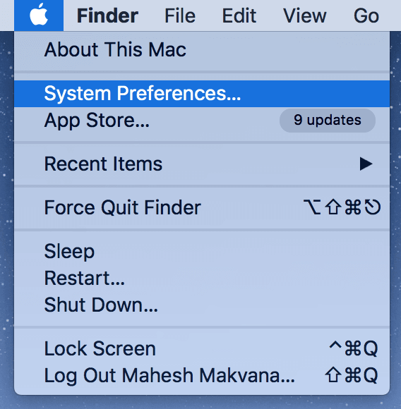 Apple -> System Preferences menu 