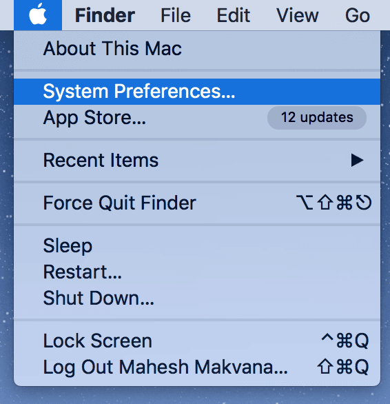 System Preferences selected in Apple menu
