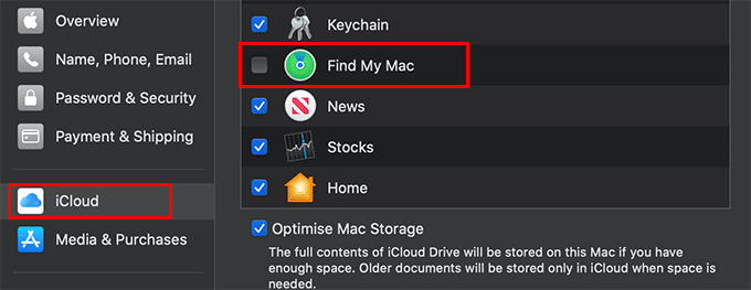 Find My Mac icon unchecked in iCloud menu 