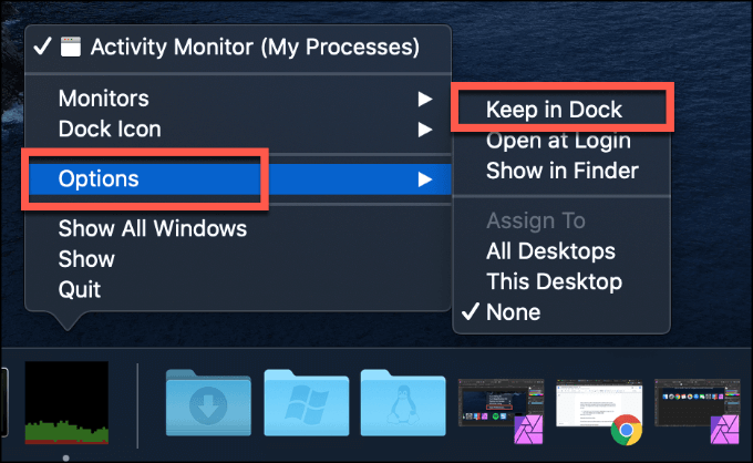 Options -> Keep in Dock 