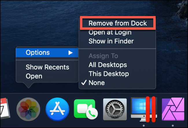 Options -> Remove from Dock 