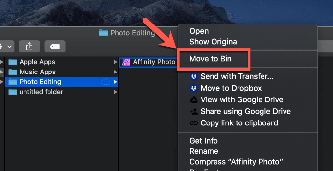 Right-click -> Move to Bin 