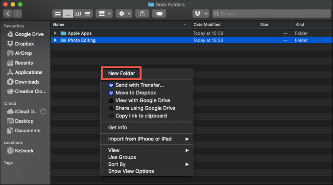 Right-click menu with New Folder icon 