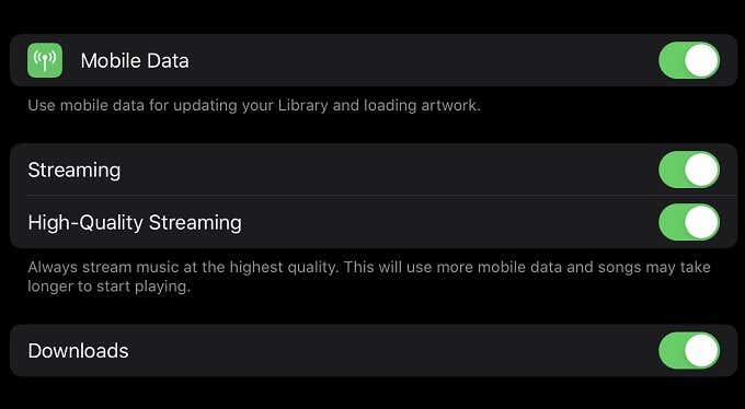 Mobile Data toggles in Music Settings