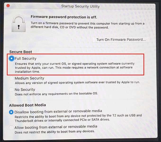 Startup Security Utility Full Security selected 