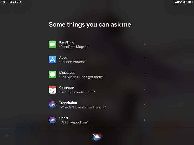 Siri window with a list of questions