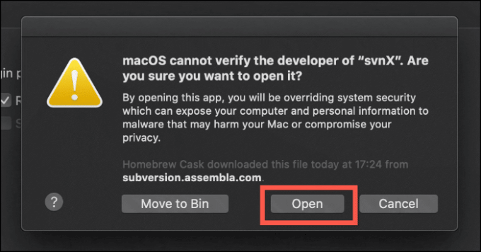 Open button on macOS cannot verify screen
