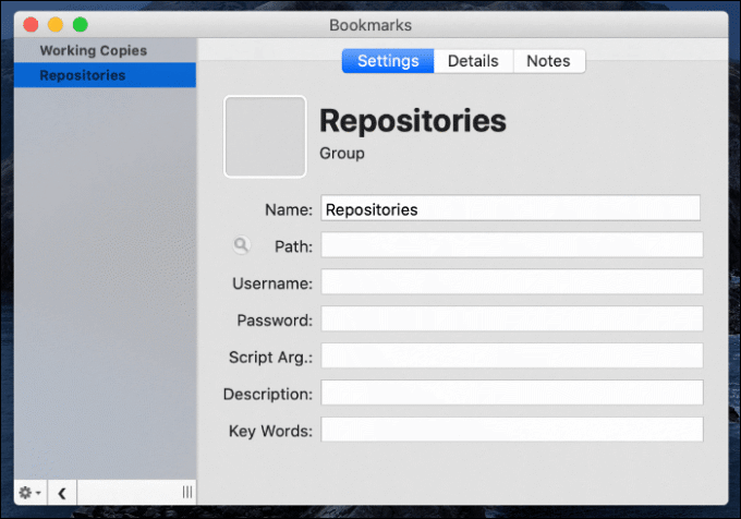 Repositories in Settings tab in Bookmarks