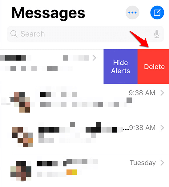 Delete messages swipe button 
