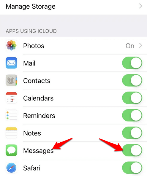 Messages toggle bar in Manage Storage settings 