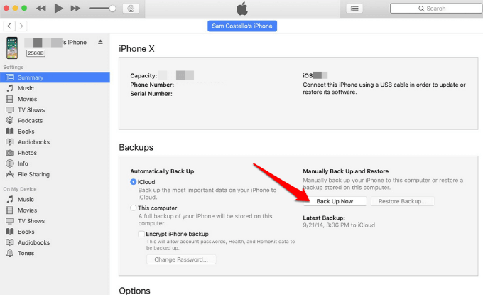 Back Up button in selected iPhone settings 