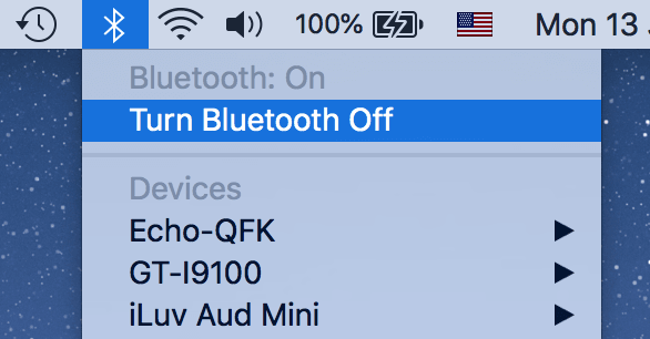 Turn Bluetooth Off in Bluetooth menu on Mac 