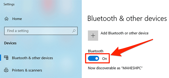 Bluetooth toggle set to on