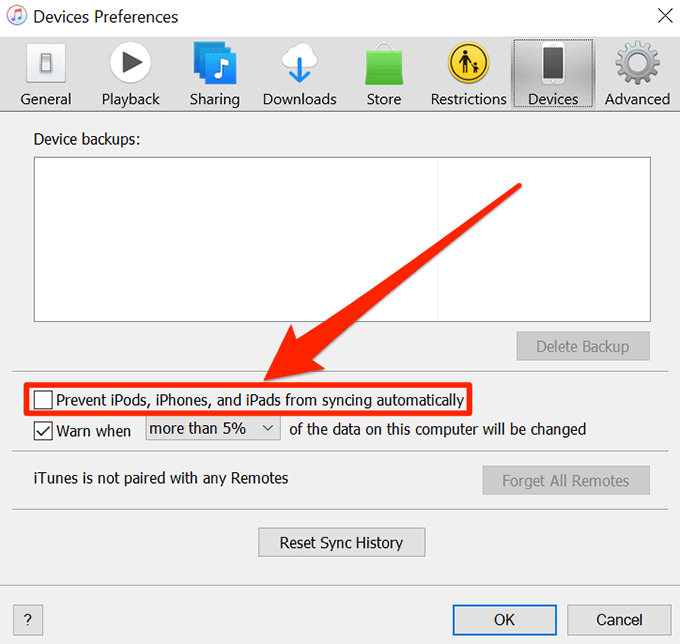 Prevent iPods, Phones, and iPads from syncing automatically checkbox