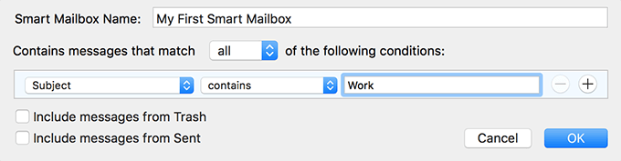Configuration window for New Smart Mailbox