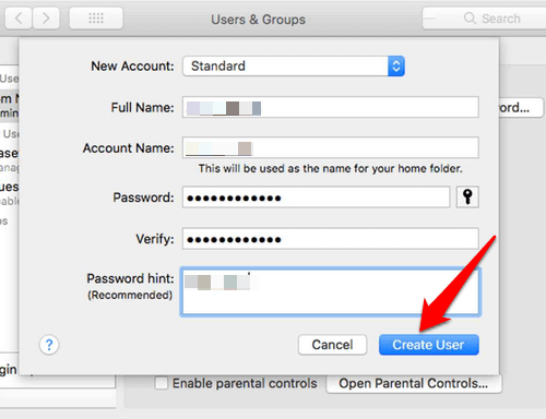Create User button in Users & Groups