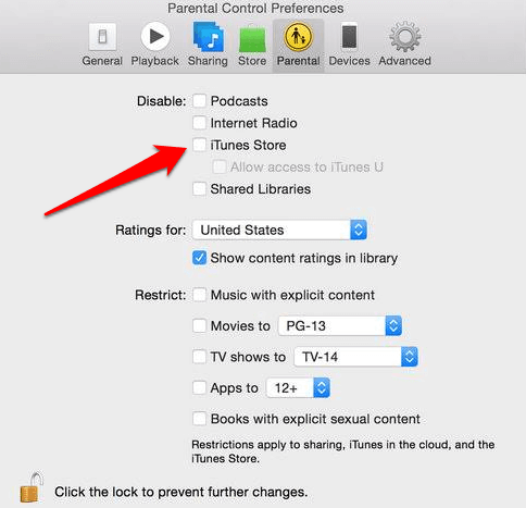 Parental Control Preferences Disable iTunes Store checkbox