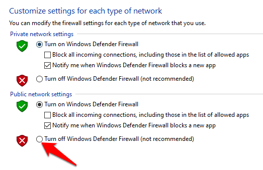 Circle next to Turn off Windows Defender Firewall