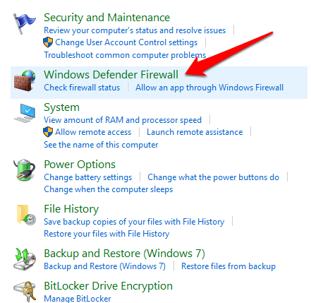 Windows Defender Firewall selected 