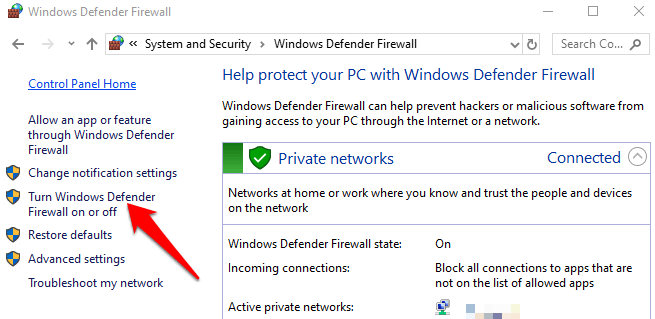 Turn Windows Defender Firewall on or off setting 