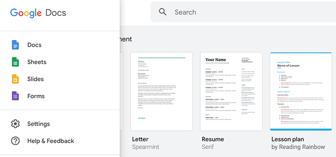 Google Docs app window 