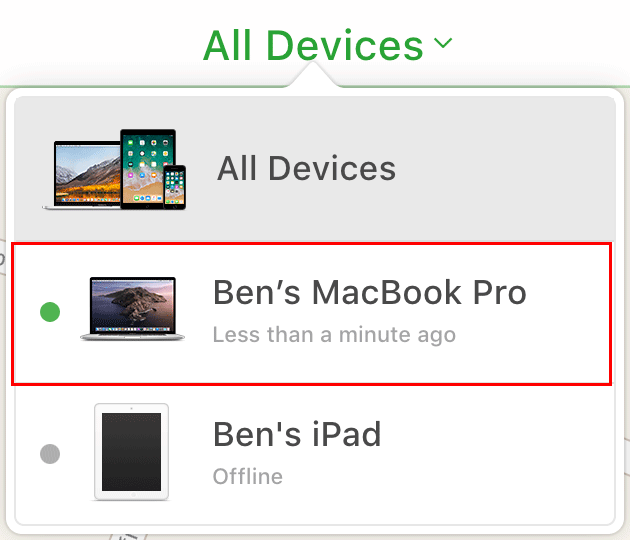 Ben's MacBook Pro selected in All Devices 