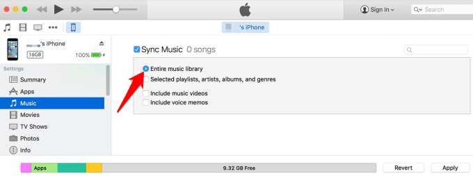 Sync Music of entire music library check box 