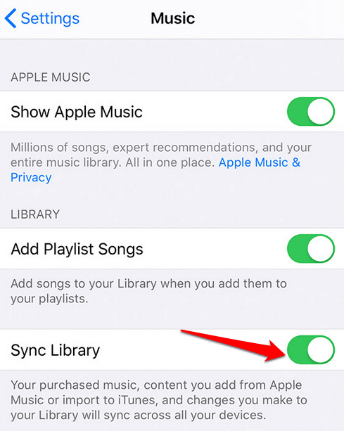 Sync Library toggle in Apple Music 