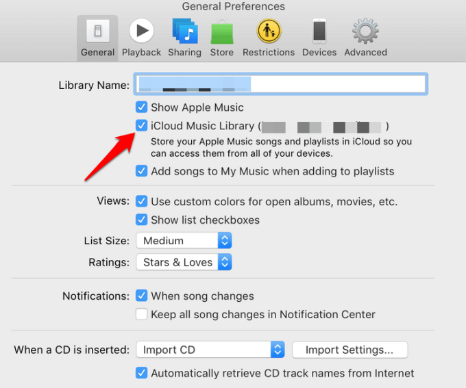 iCloud Music Library checkbox in General Preferences