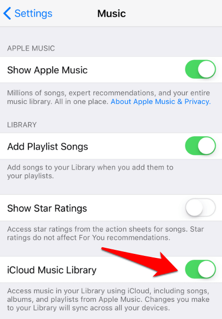iCloud Music Library toggle switch 
