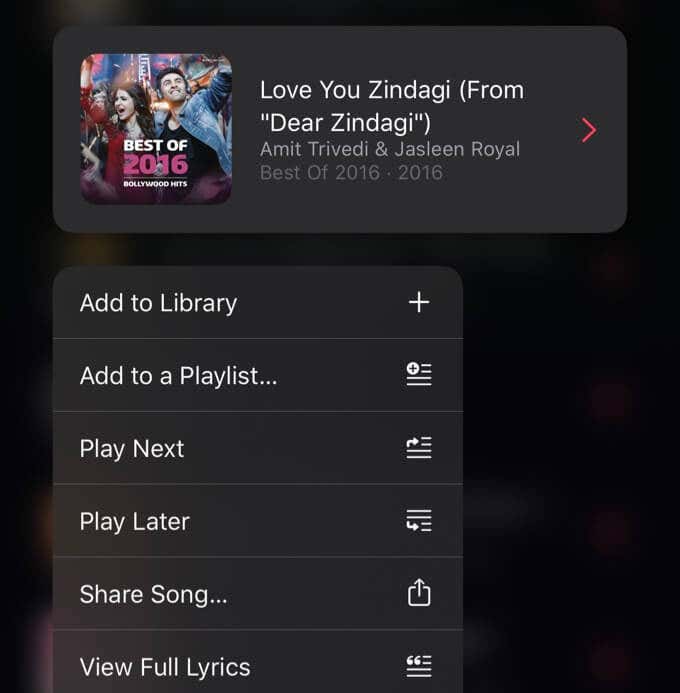 Popup window in Apple Music with Play Later option