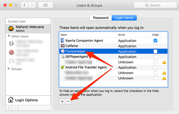 iTunesHelper and "-" button highlighted 