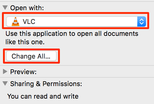 Open with VLC and Change All selected 