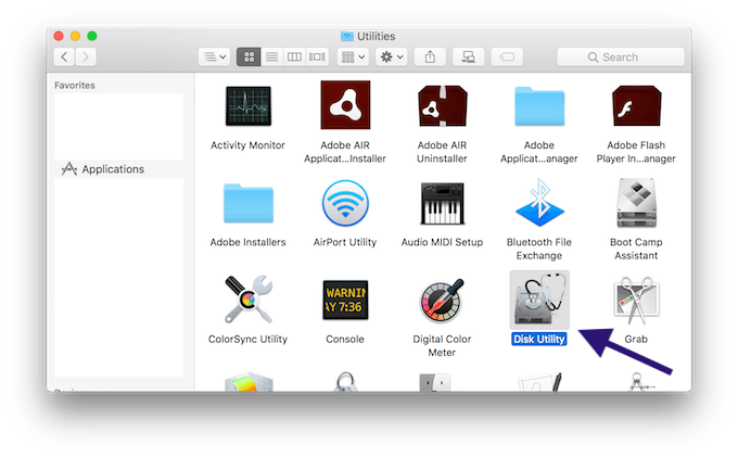 Utilities window with Disk Utility highlighted 