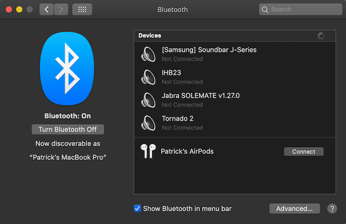 Bluetooth settings in menu 