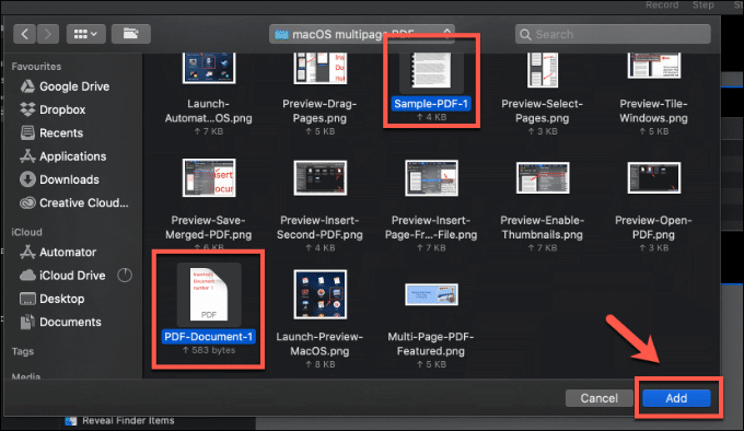 Add button and 2 PDFs selected in Finder window