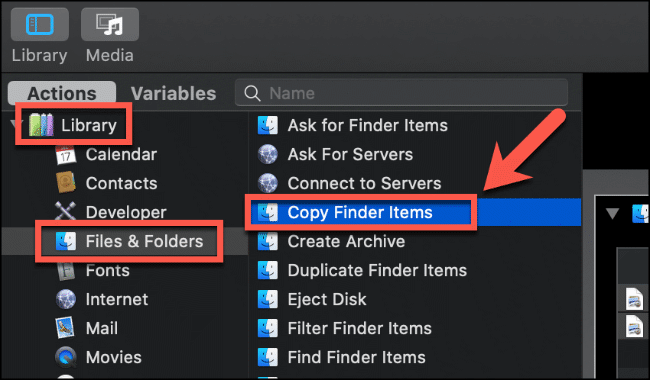 Copy Finder Items in Actions Library 