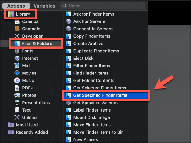 Actions Library with Get Specified Finder Items in Actions