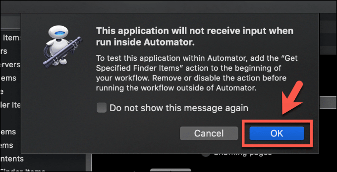 OK button on Automator warning window