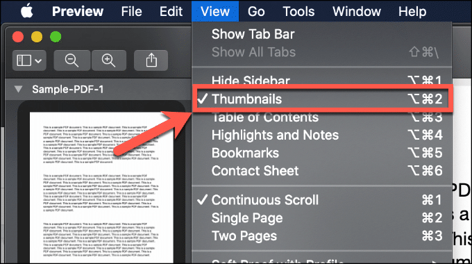 View Thumbnails selected in Preview menu